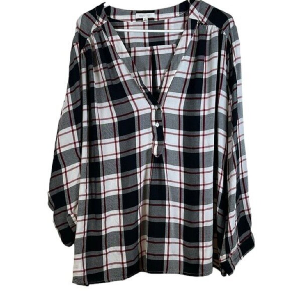 August Mist Plaid Button V-Neck Long Sleeve Blouse Tunic Shirt Size 3X EUC #4287